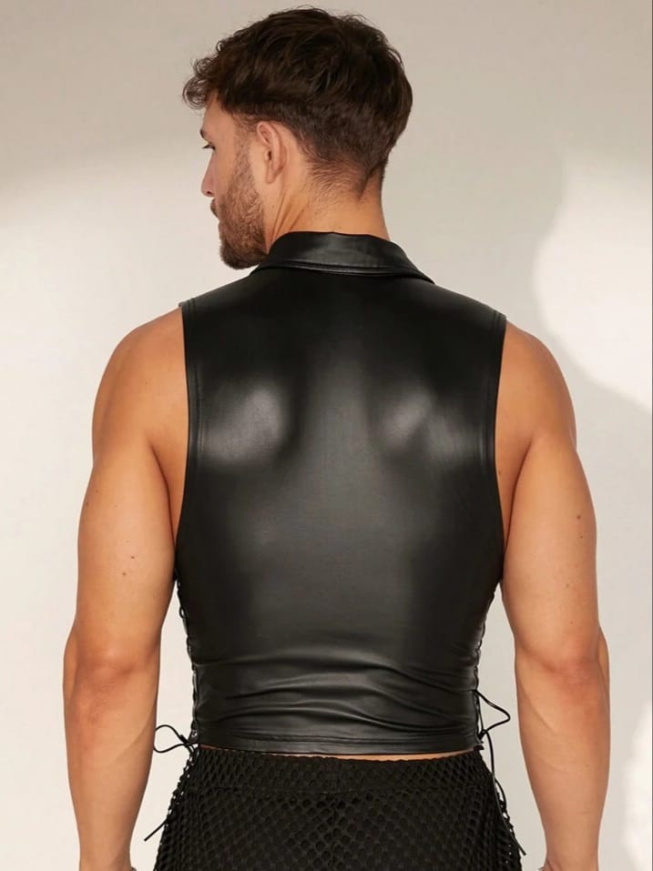 Men's Solid Color Lace Binding PU Leather tank Top